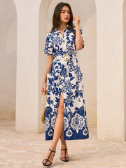 Pocketed Belted Floral Print Midi Dress