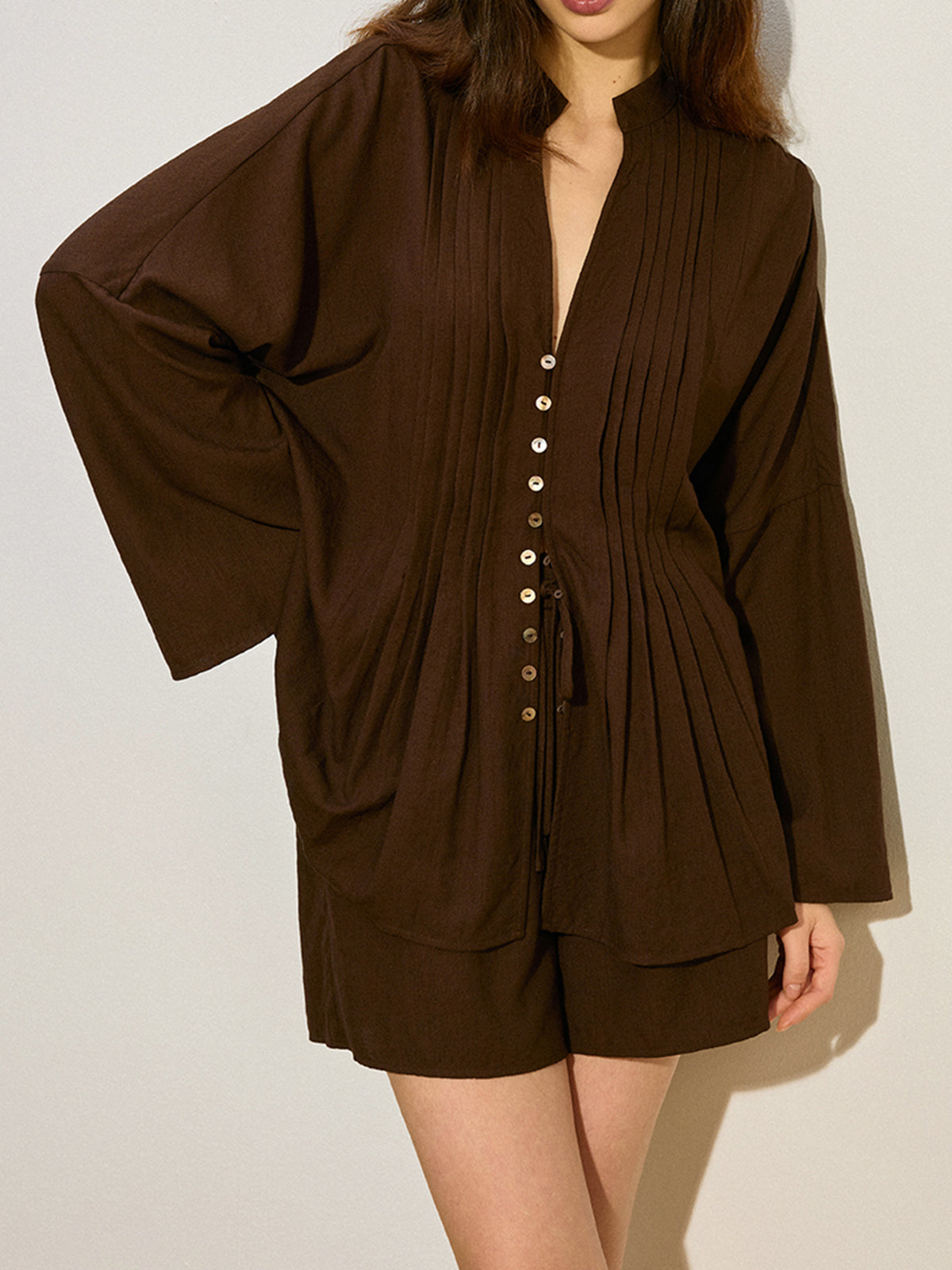 Pleated Button-Front Shorts Set