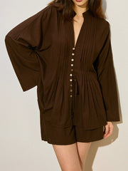 Pleated Button-Front Shorts Set