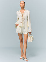 Semi-Sheer Reversible Embroidered-Lace Top And Shorts Set