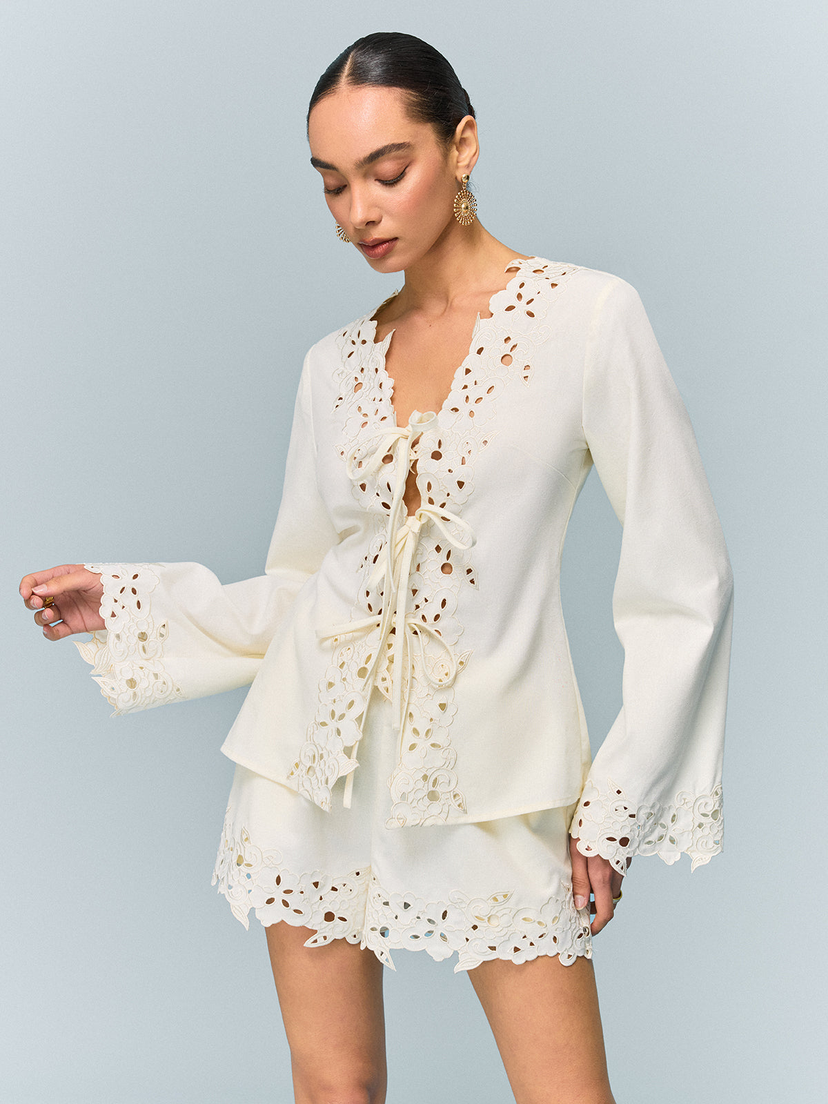 Semi-Sheer Reversible Embroidered-Lace Top And Shorts Set