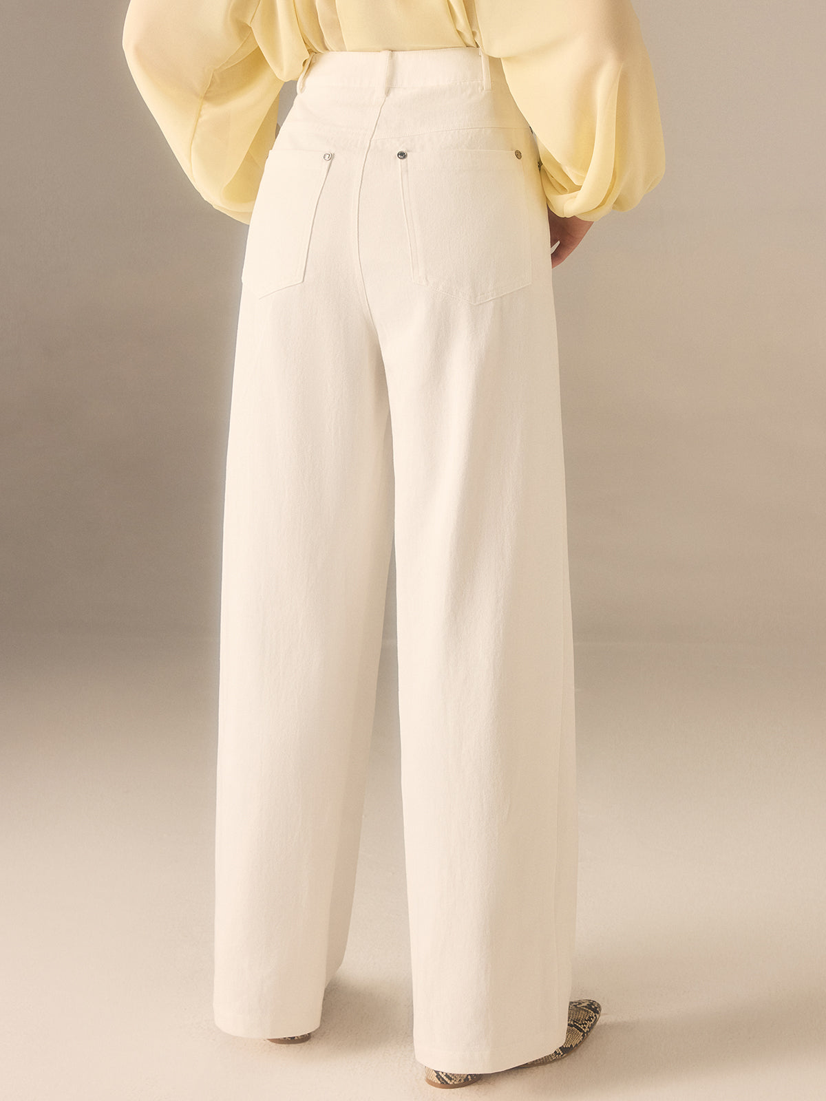 Cotton Twill Wide-Leg Pants with Metal Rivet Button