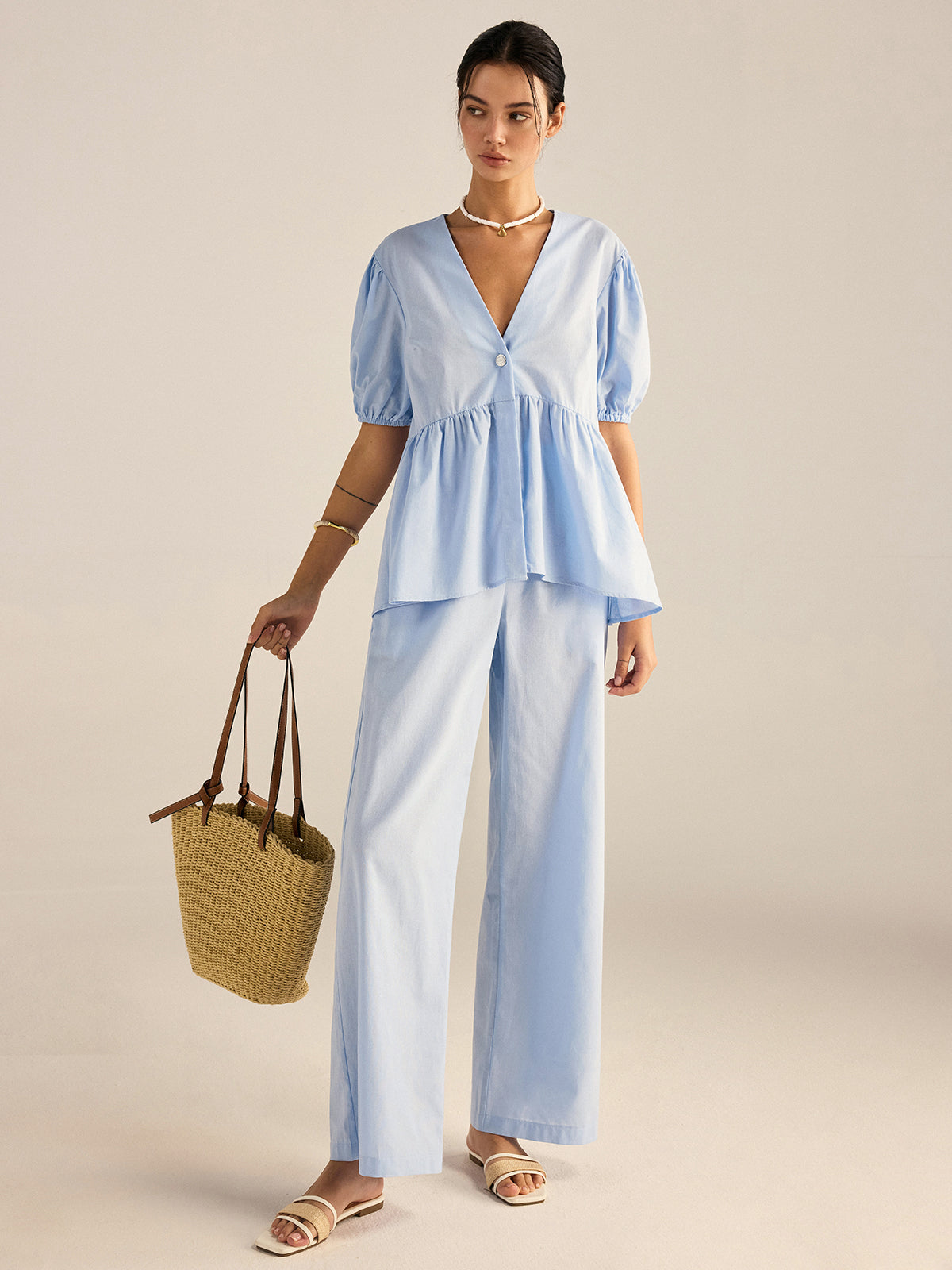 Cotton Peplum Top and Pants Set