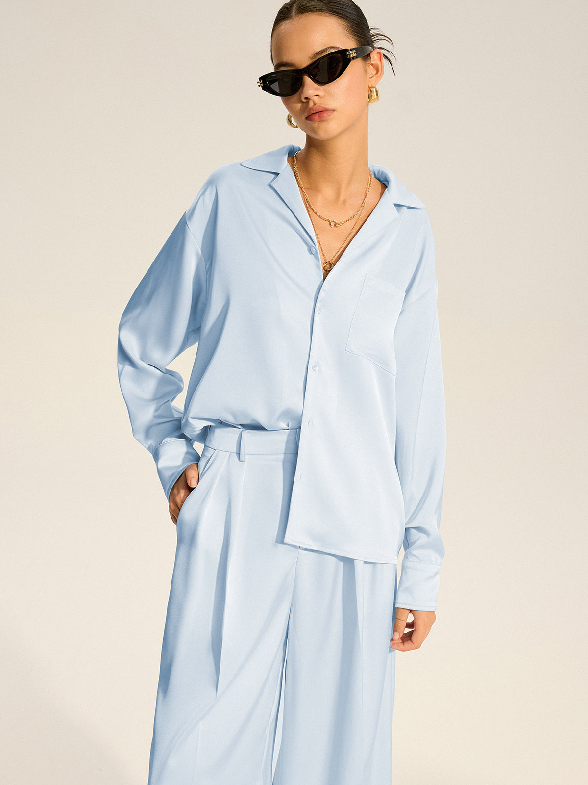 Oversized Pocket Satin Shirt and Pleated Pants Set