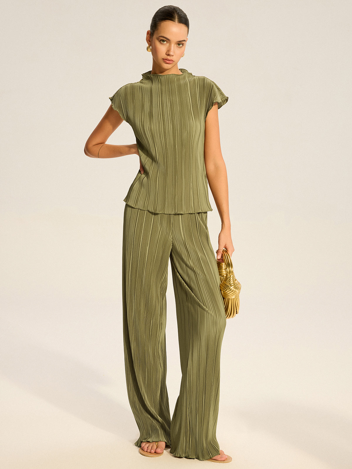 Pleated Top and Wide-Leg Pants Set