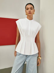 Mandarin-Collar Cap-Sleeve Peplum Shirt