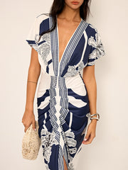 Printed Deep V-Neck Midi Dress Without Belt