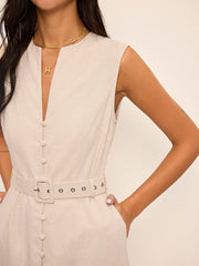 Cotton & Linen Blend V-Neck Belted Midi Dress