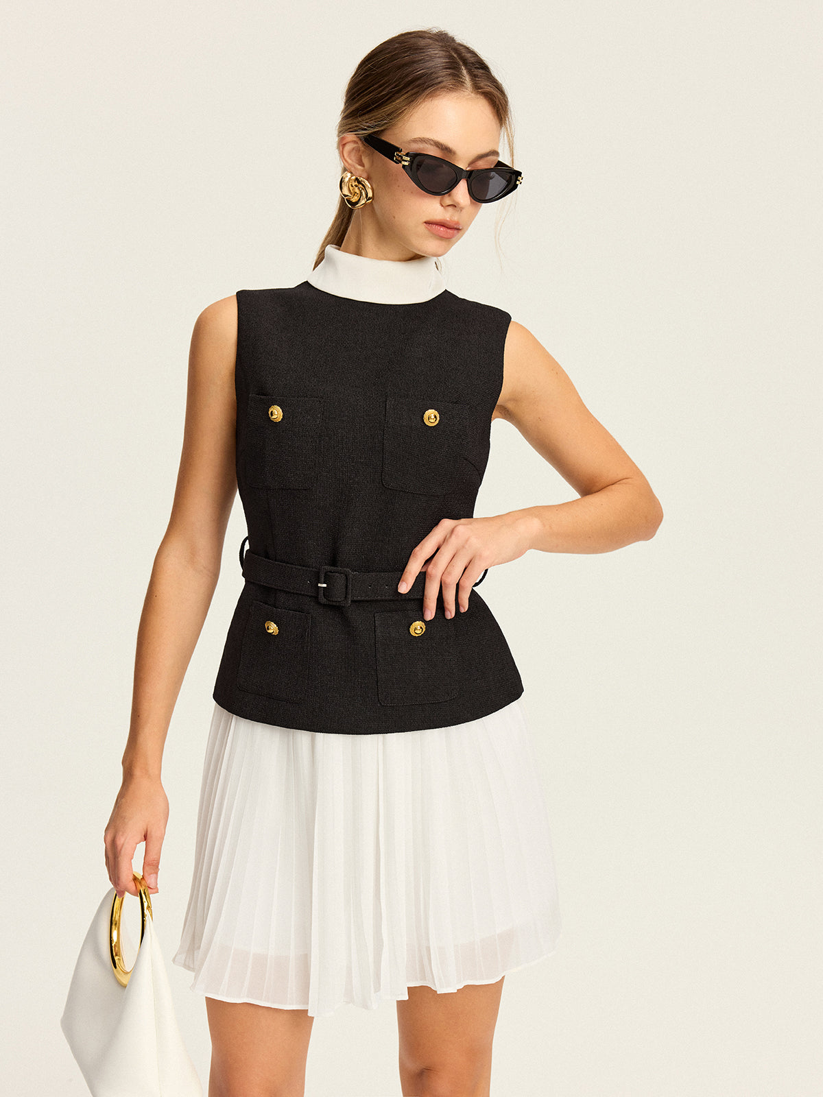 Sleeveless Belted Vest and Pleated Skirt Set