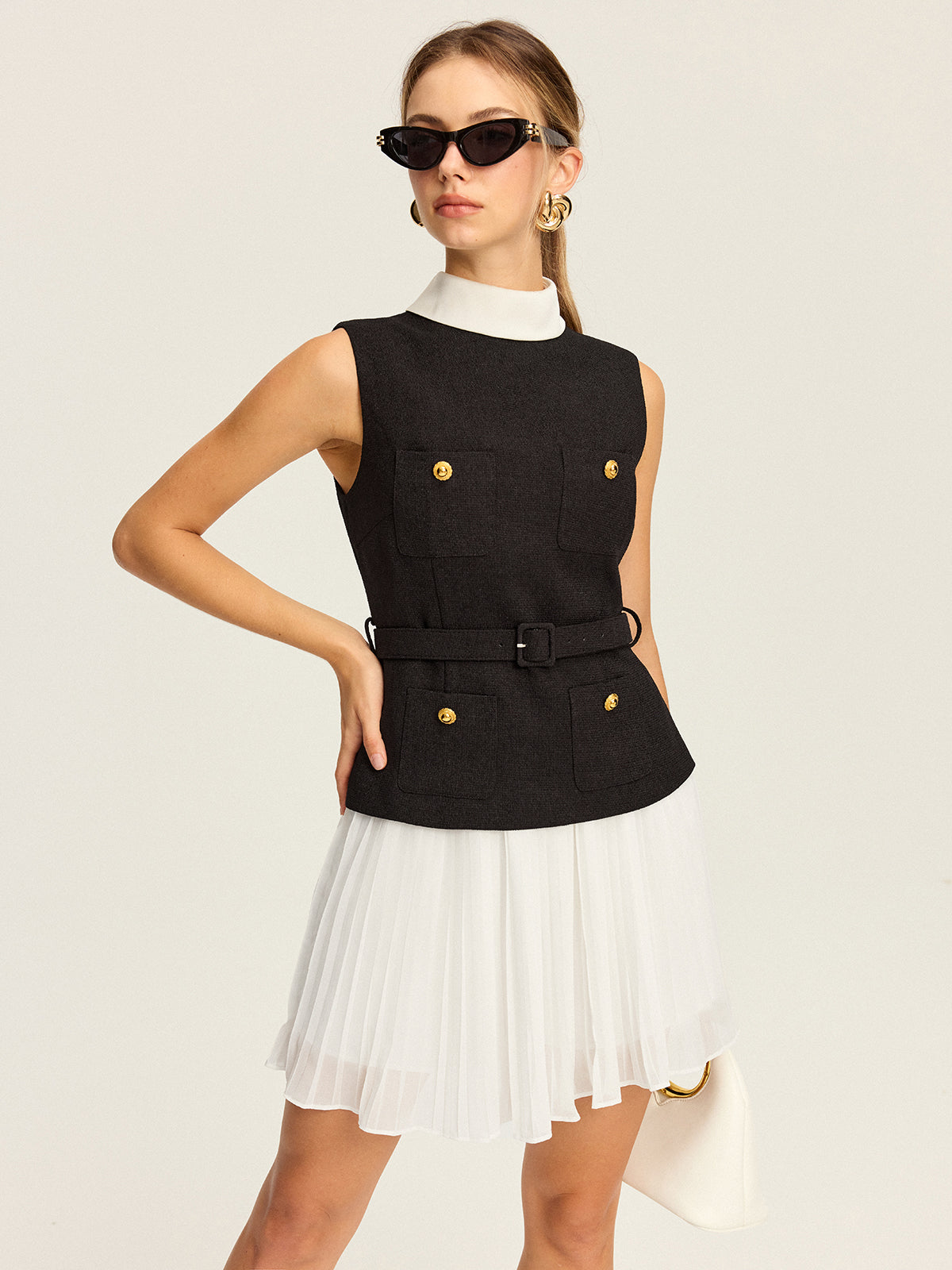 Sleeveless Belted Vest and Pleated Skirt Set