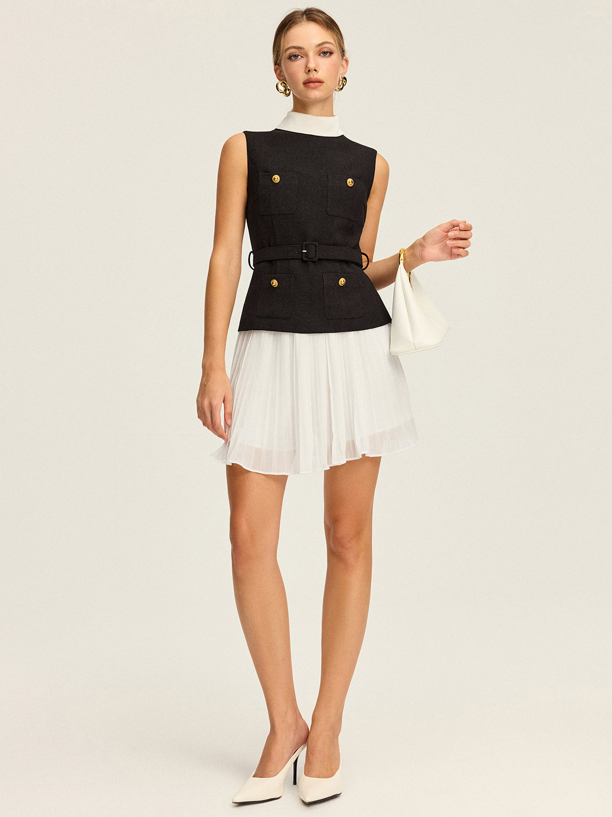 Sleeveless Belted Vest and Pleated Skirt Set