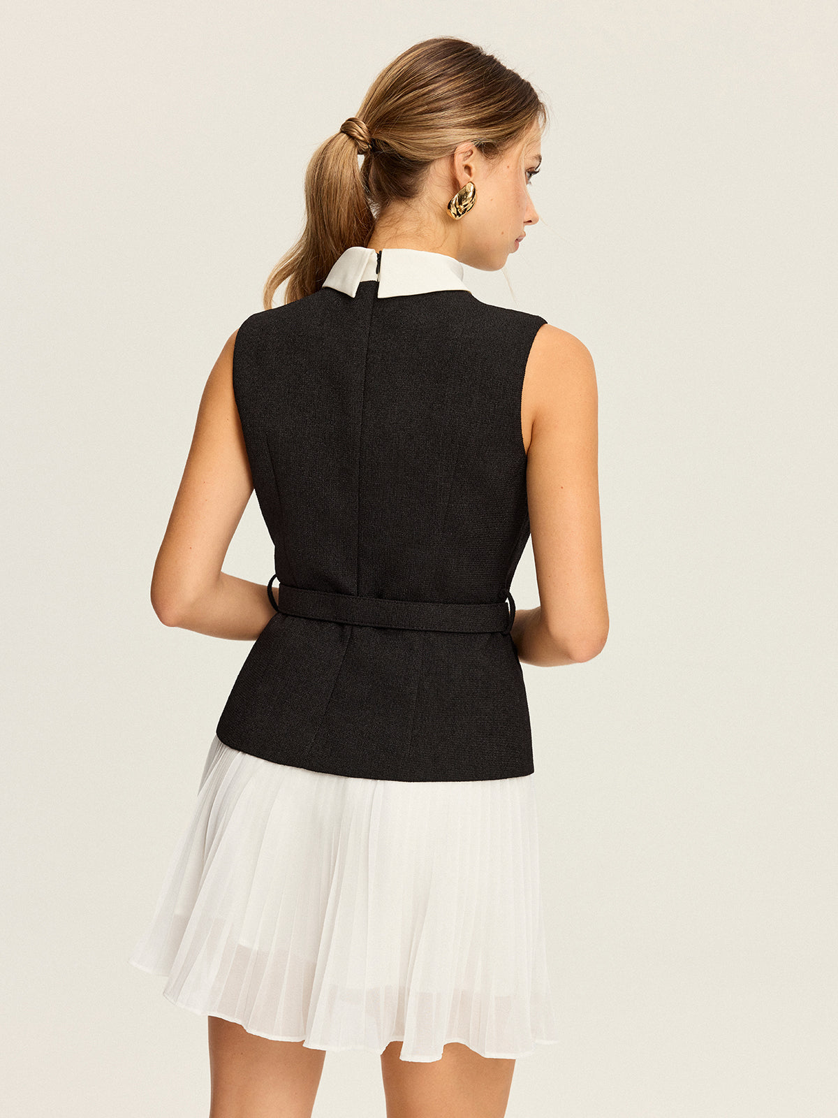 Sleeveless Belted Vest and Pleated Skirt Set