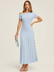 One-Shoulder Button Detail Knit Maxi Dress