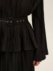Pleated Bell Sleeve Belted Peplum Blouse