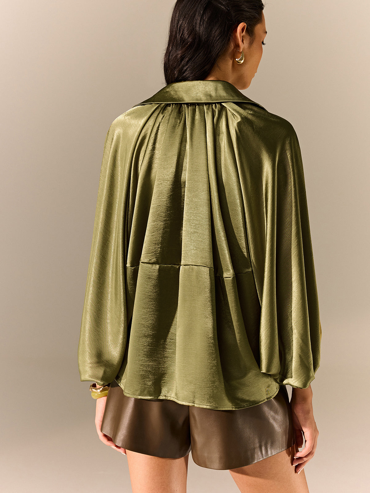 Satin Pleated Lantern-Sleeve Shirt Jacket