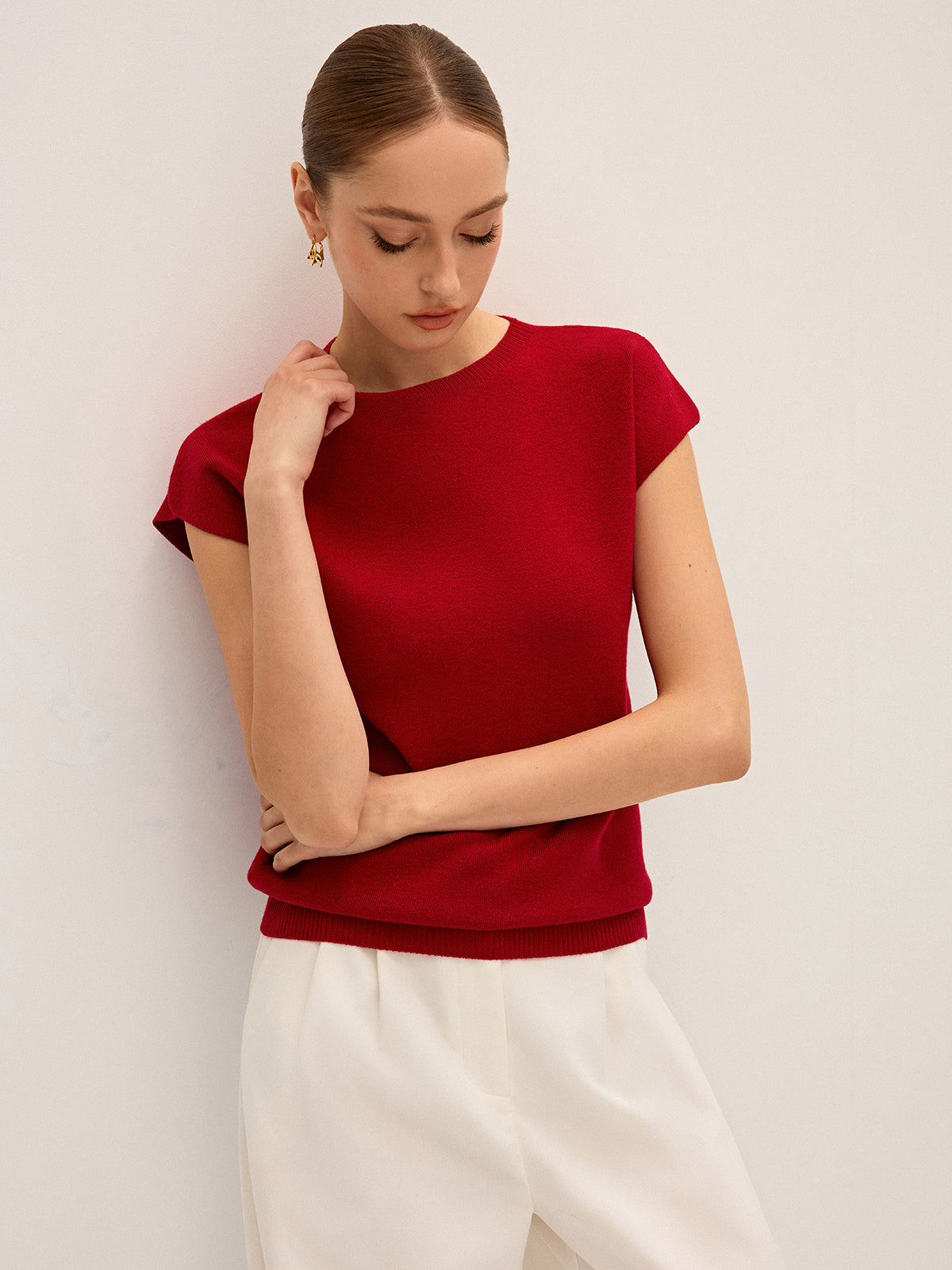 Wool-Blend Cap Sleeve Knit Top