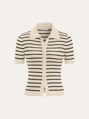 Striped Short-Sleeve Polo Collar Knit Cardigan
