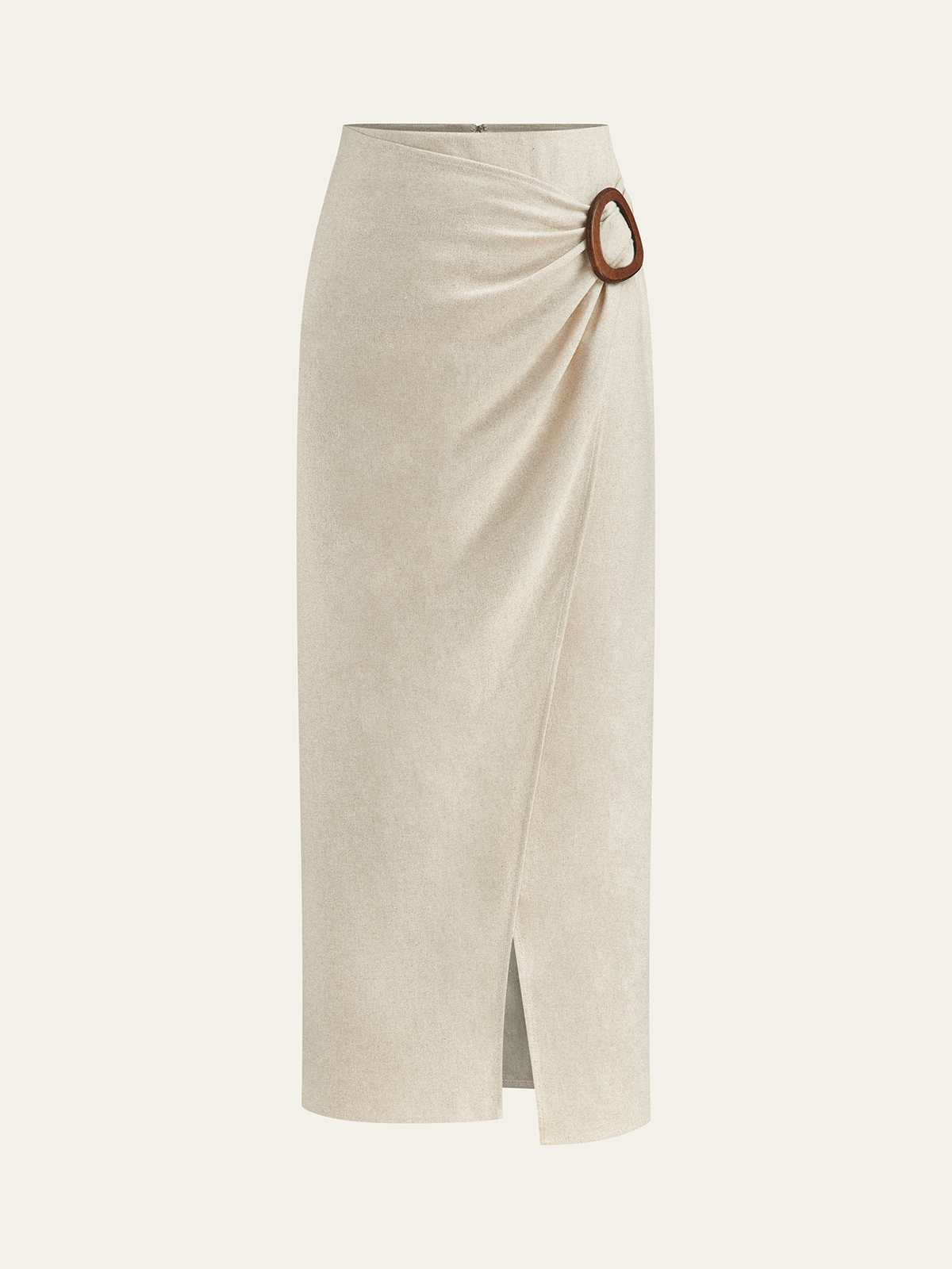 Linen Blend Wrap Midi Skirt with Wooden Buckle