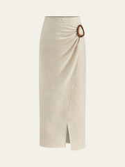 Linen Blend Wrap Midi Skirt with Wooden Buckle