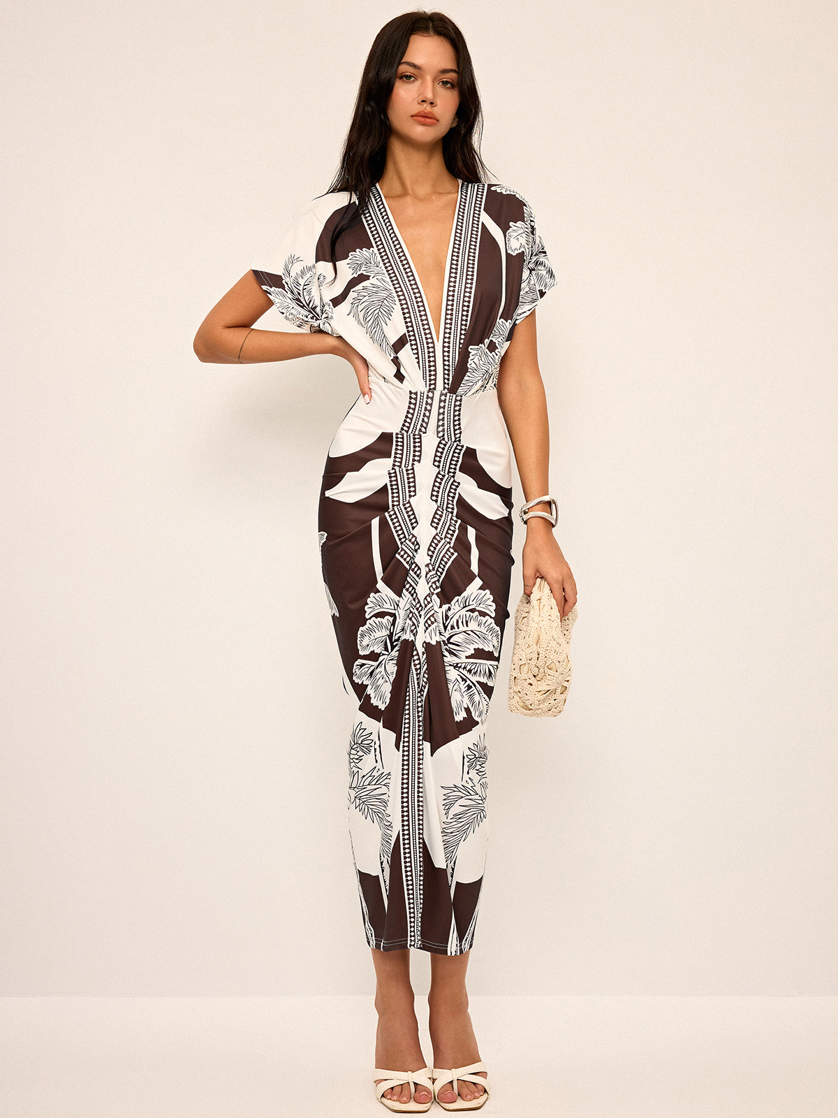 Printed Deep V-Neck Midi Dress Without Belt