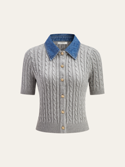 Metal Button Denim Collar Cable-Knit Top