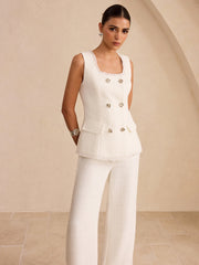 Tweed Fringe Trim Button Vest And Pants Set