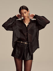 Sheer Chiffon Textured Metal Button Shirt