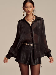 Sheer Chiffon Textured Metal Button Shirt