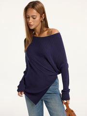 Textured Off-Shoulder Asymmetric Sweater with Belt