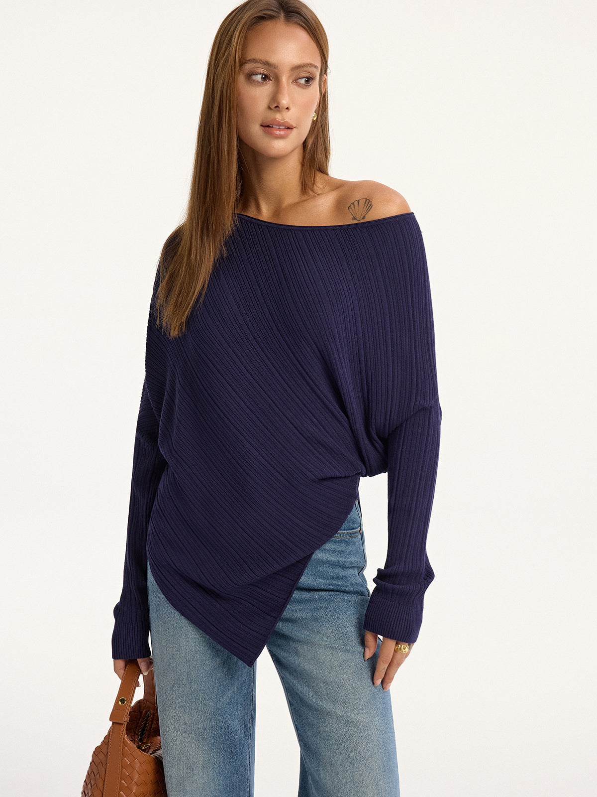 Textured Off-Shoulder Asymmetric Sweater with Belt