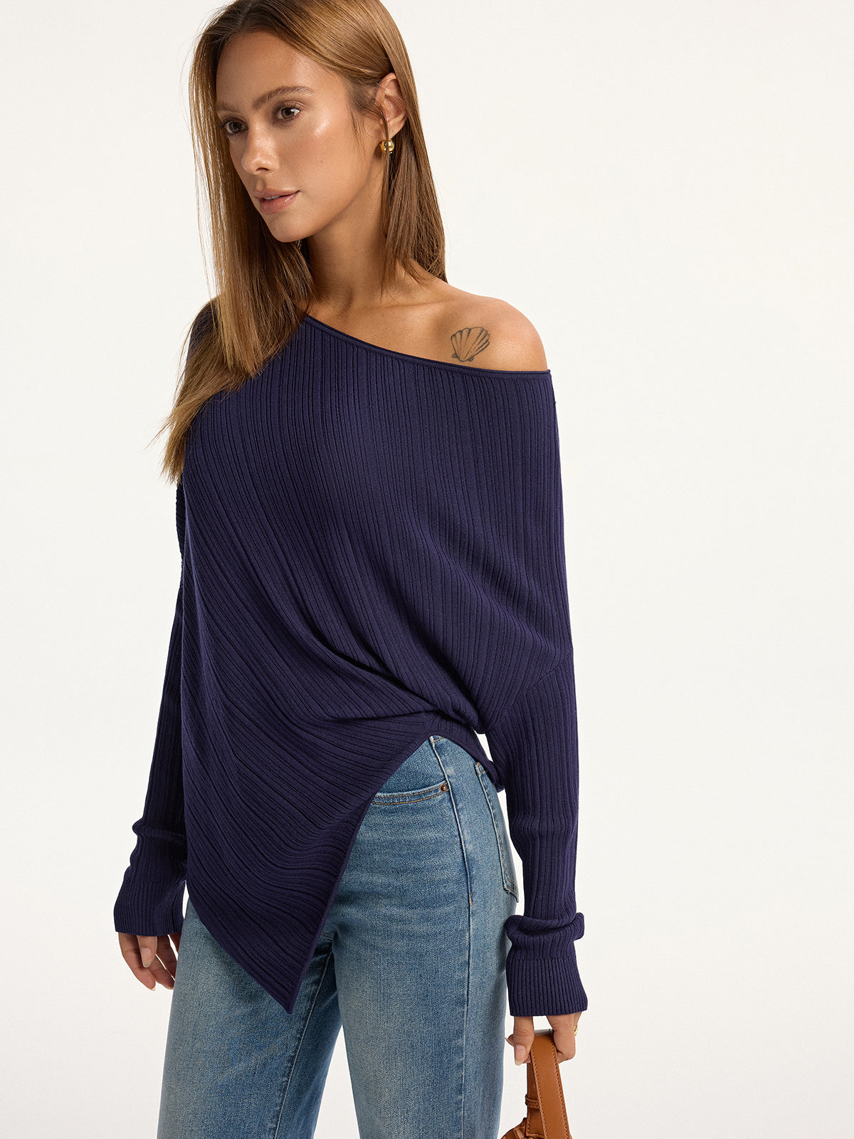 Textured Off-Shoulder Asymmetric Sweater with Belt
