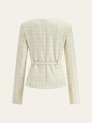 Metal Button Tweed Belted Blazer