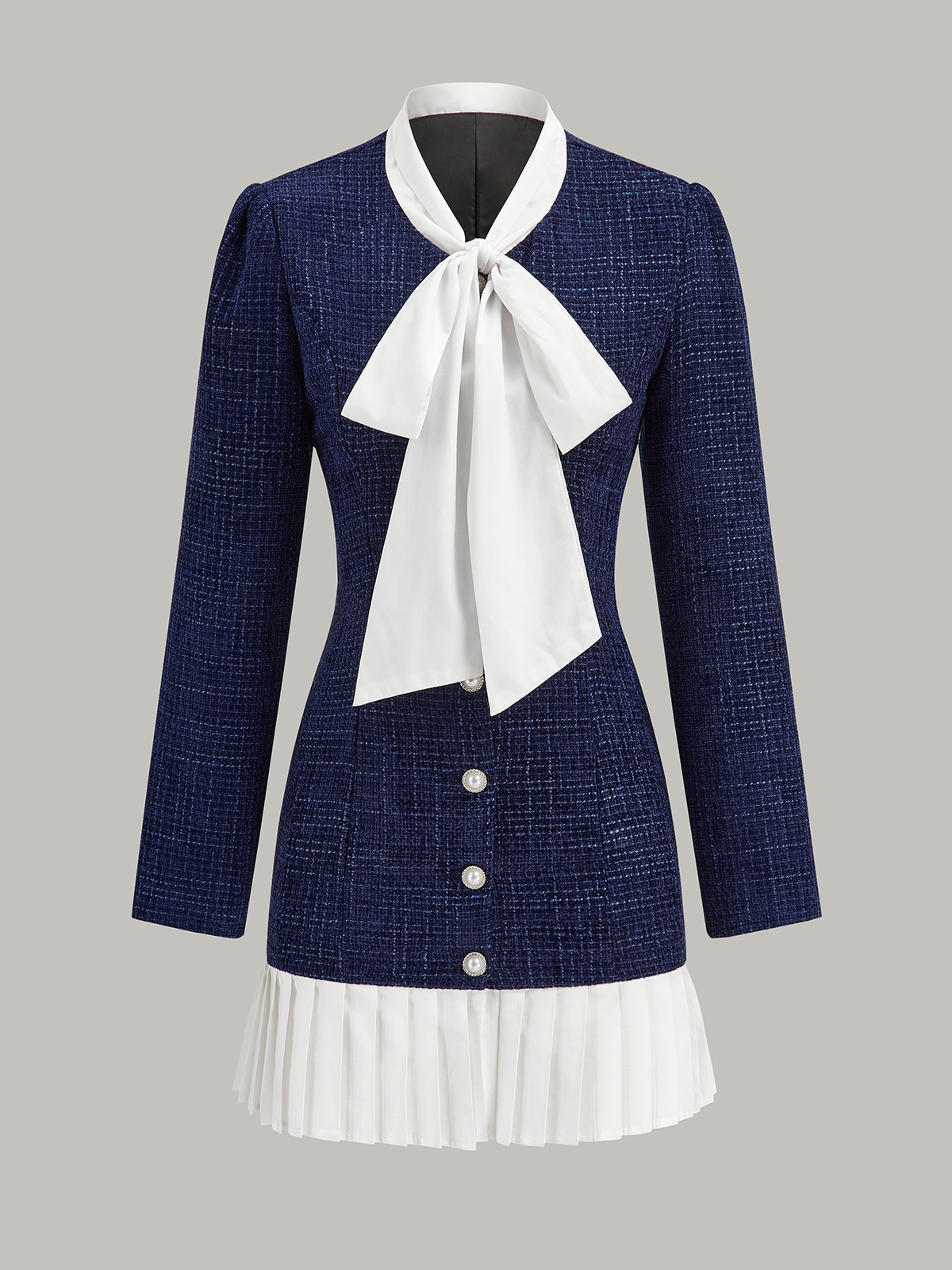 Pleated Hem Bow Neckline Tweed Mini Dress