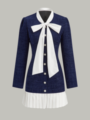 Pleated Hem Bow Neckline Tweed Mini Dress