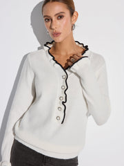 Contrast Ruffle Trim Button Sweater