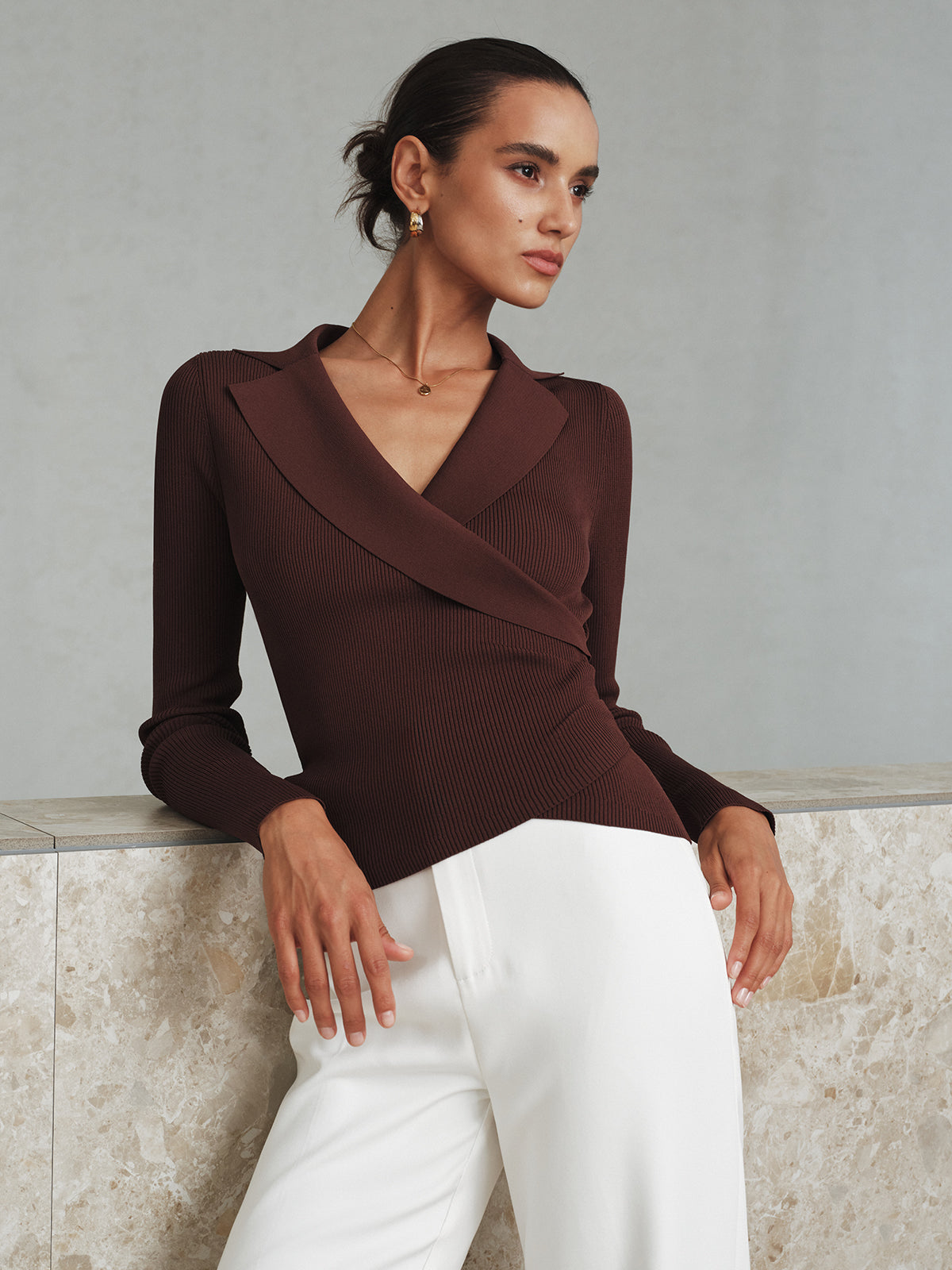 Ribbed Knit Collared Top