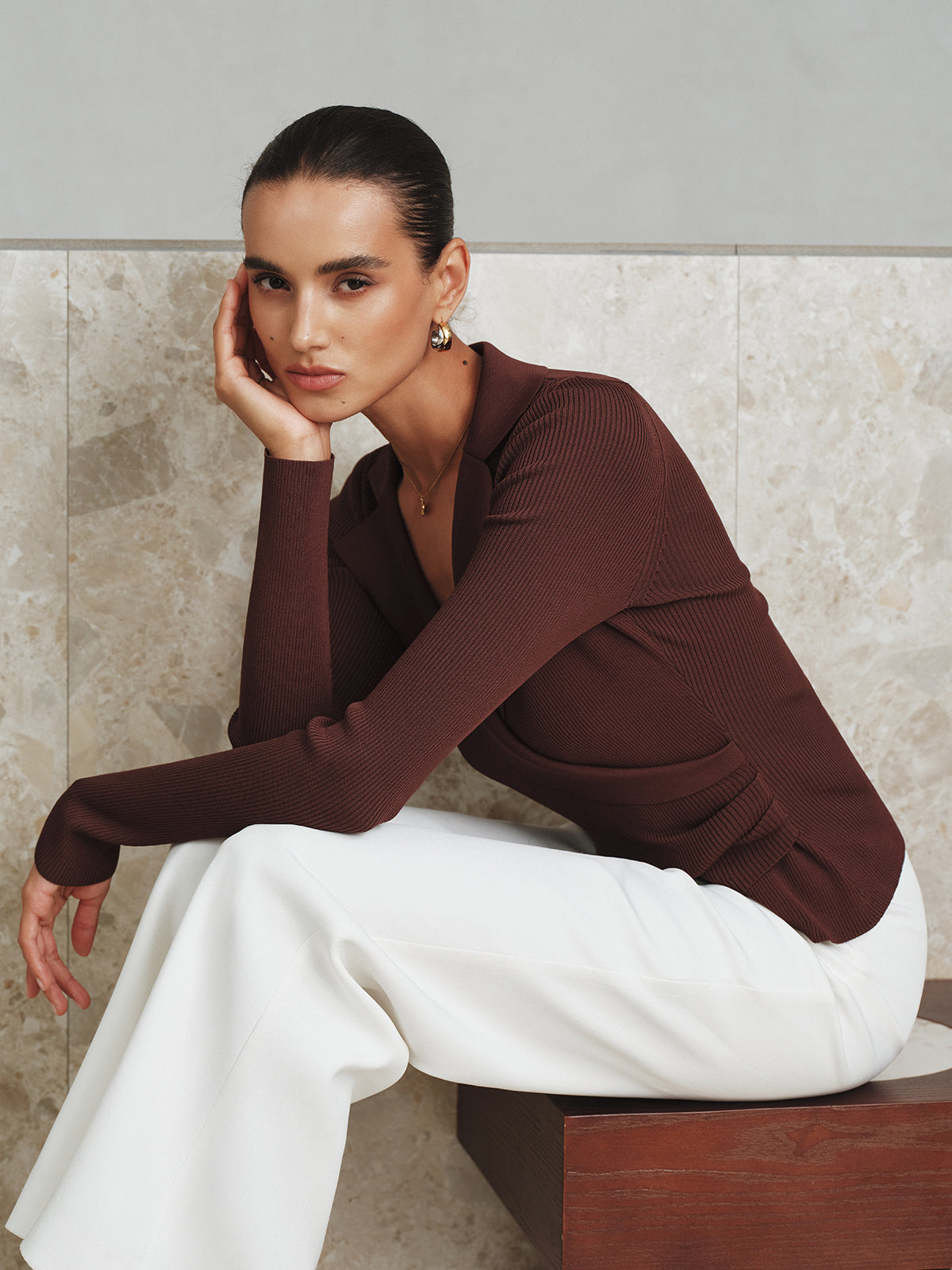 Ribbed Knit Collared Top