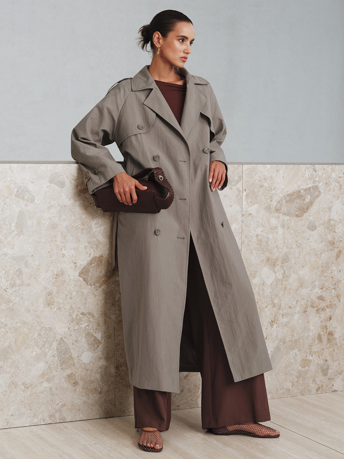 Cotton Oversize Long Trench Coat with Belt