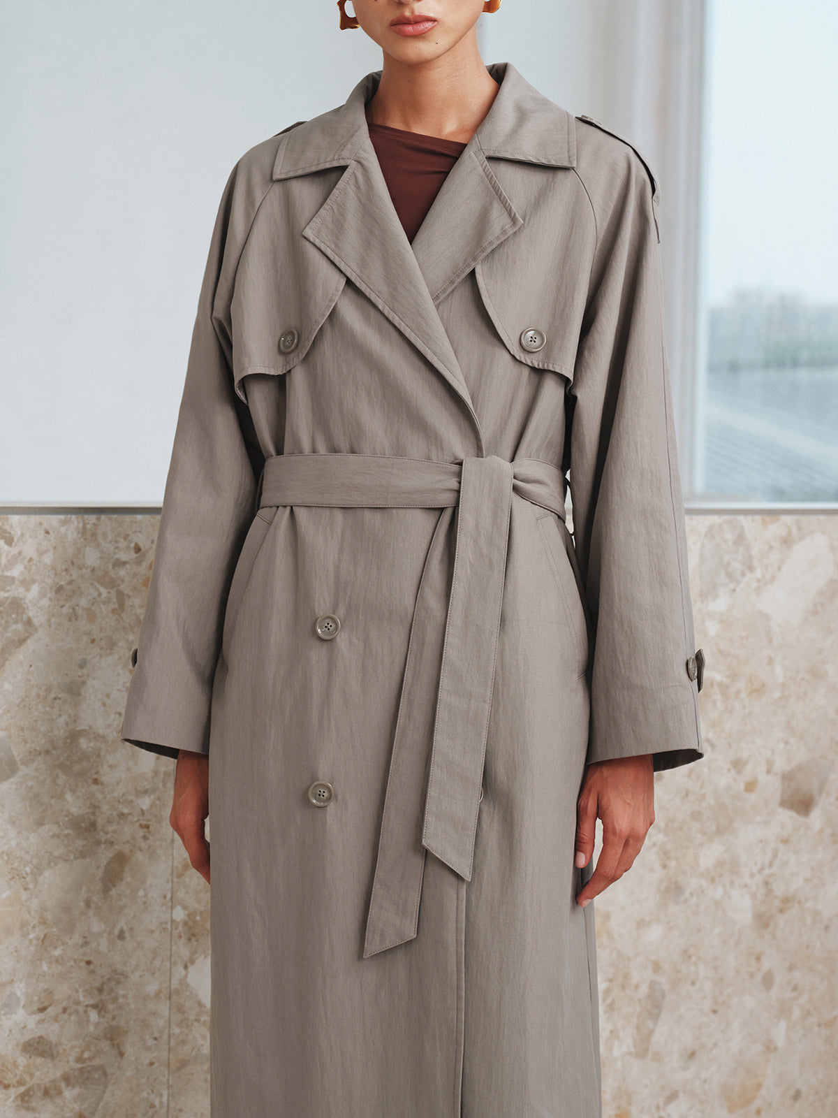 Cotton Oversize Long Trench Coat with Belt