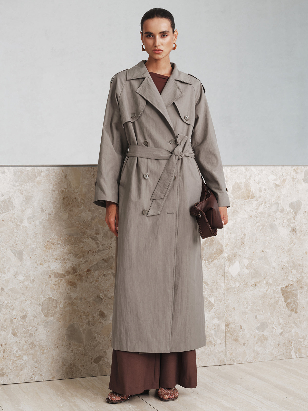 Cotton Oversize Long Trench Coat with Belt