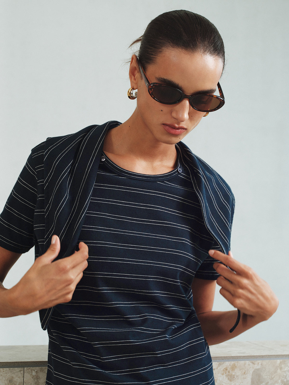 Striped Detachable Scarf Collar T-Shirt