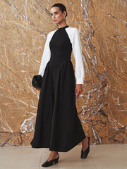 Contrast-Sleeve Pleated Midi Dress