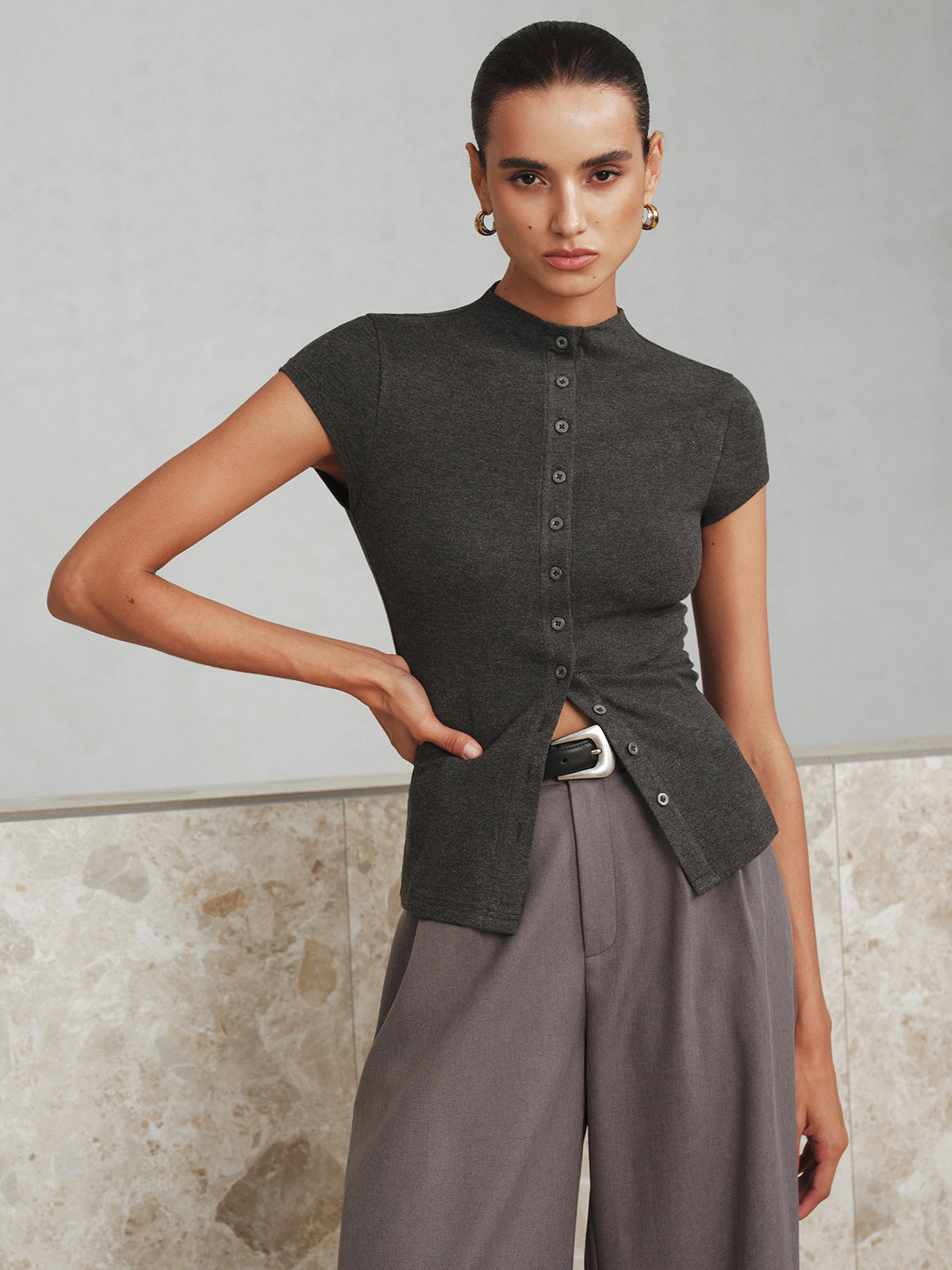 Mock Neck Cap-Sleeve Button T-Shirt