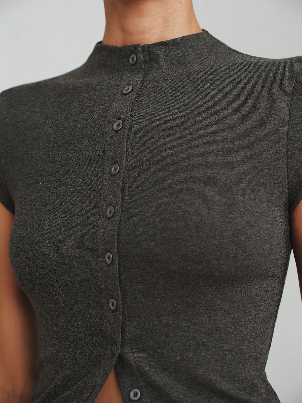 Mock Neck Cap-Sleeve Button T-Shirt