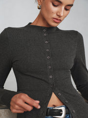 Mock Neck Button Long Sleeve T-Shirt