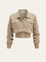 Metal Button Collared Cardigan and Midi Skirt Set