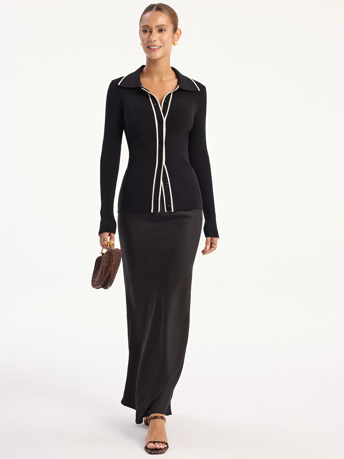 Contrast-Trim Polo Collar Knit Cardigan And Dress Set