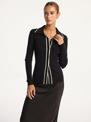 Contrast-Trim Polo Collar Knit Cardigan And Dress Set