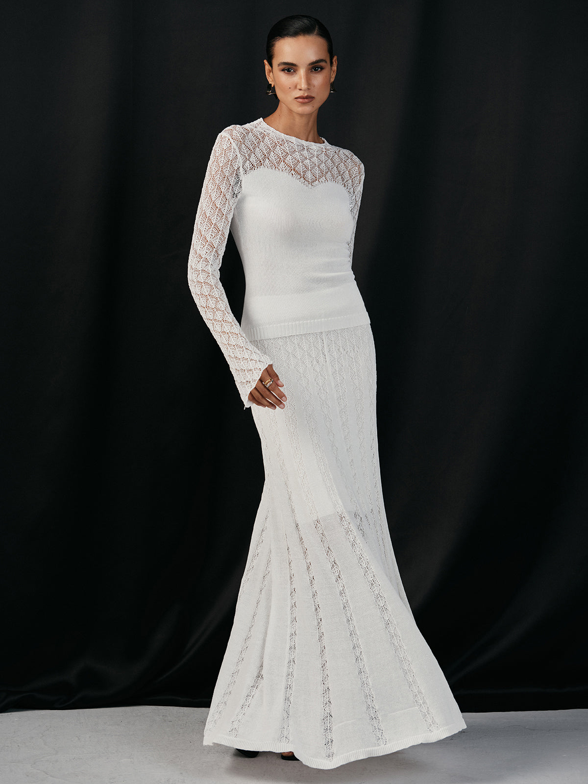 Lace Paneled Knit Maxi Shirt and Skirt Set