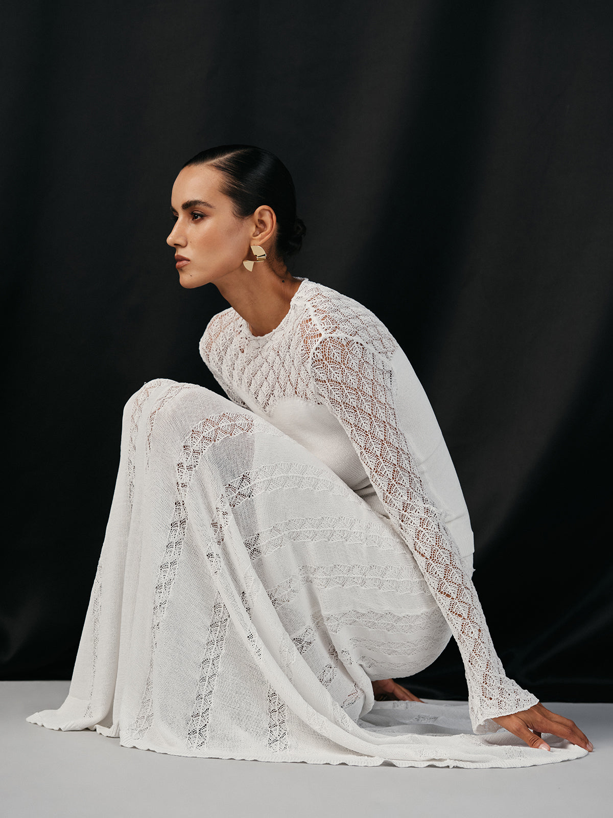 Lace Paneled Knit Maxi Shirt and Skirt Set